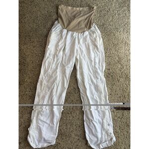 Motherhood Maternity XL Linen Rayon blend embroidered side panel roll-tab Pants